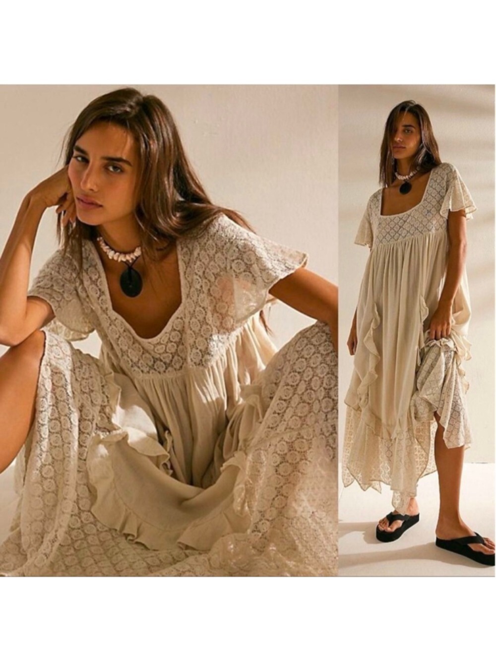 FREE PEOPLE Bring The Romance Ethereal Bohemian Maxi Cotton Dress Sz XS Neutral